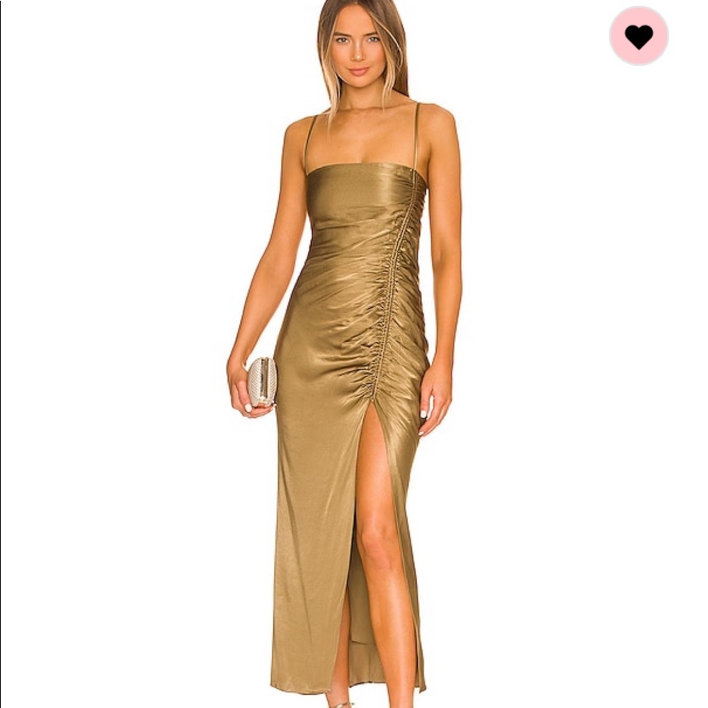 SHONA JOY Talia Biased Ruched Midi dress in cumin